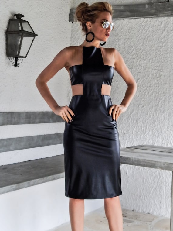 Faux Leather Midi Dress With See Through Details - #95027 - Etsy UK Faux Leather Midi Dress With See Through Details - #95027 - Etsy UK