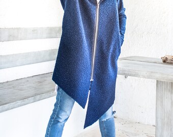 NEW Navy Blue Asymmetric Wool Boucle Coat / Zipper Coat