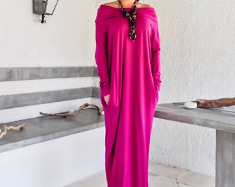 Magenta Maxi Long Sleeve Turtleneck Dress with pockets / Magenta Kaftan / Asymmetric Plus Size Dress / Oversize Loose Dress / #35210