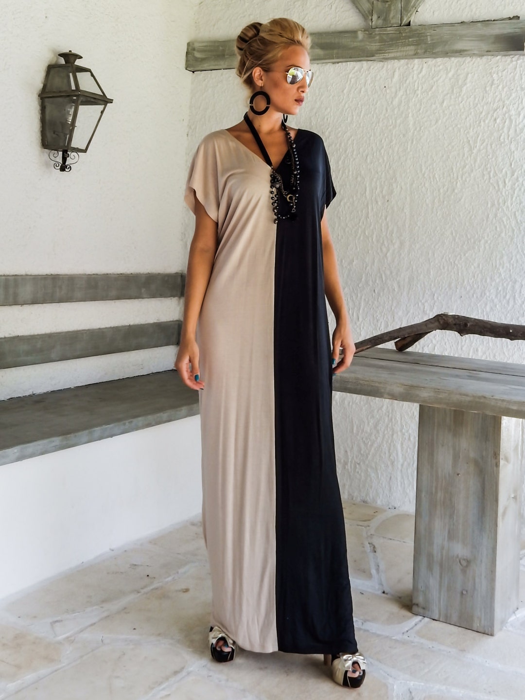 Black & Beige Maxi Dress / Summer Maxi Dress / Women Kaftan / - Etsy