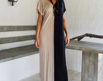 Vestido largo bicolor de viscosa - Vestido de playa tipo caftán negro y beige