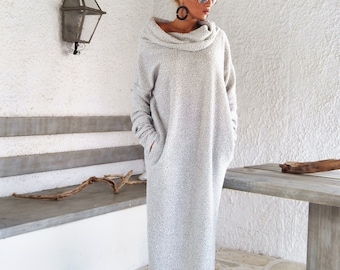 Winter Wool Boucle Turtleneck Maxi Dress /  Winter Warm Long Dress / Maxi Dress with pockets /  Plus Size Dress / Turtleneck Dress / #35148