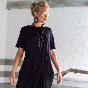 Black Maxi Dress / Black Kaftan / Plus Size Dress / Asymmetric Plus Size Dress / Oversize Dress / Long Dress / Short Sleeve Dress / #35028