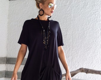 Black Maxi Dress / Black Kaftan / Plus Size Dress / Asymmetric Plus Size Dress / Oversize Dress / Long Dress / Short Sleeve Dress / #35028