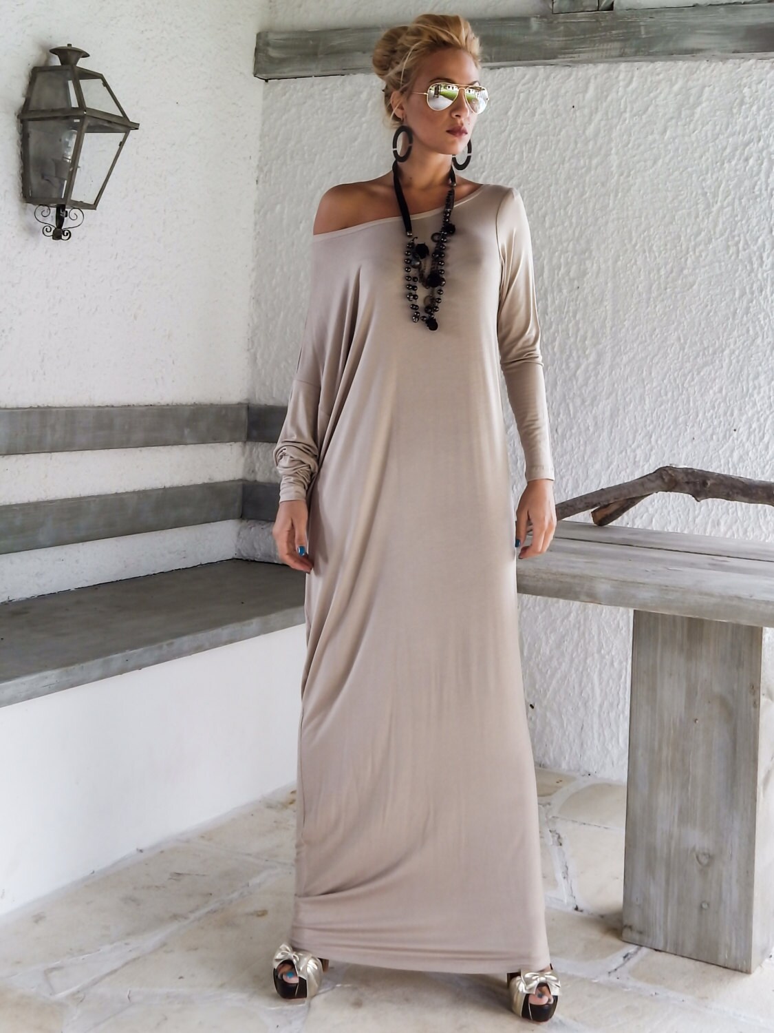ワンピース PLAIN Long Beige Dress with Bow at the Back in Fabric Woman Amazon.com: Woman Vintage Solid Long Sleeve Bow Lapel Collar