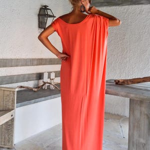 Coral Summer Maxi Dress Kaftan All Day,  Plus Size Maxi Kaftan Abaya Dress, Beachwear Outfit, Goddess Dress, Long Kaftan, Resort Wear #35085