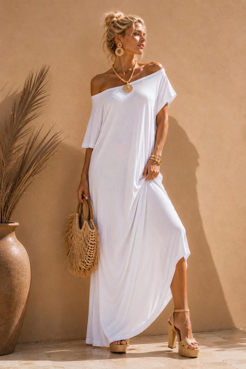 White Maxi Kaftan Dress, Minimal Summer Loose Boho Dress, Plus Size Caftan image 2