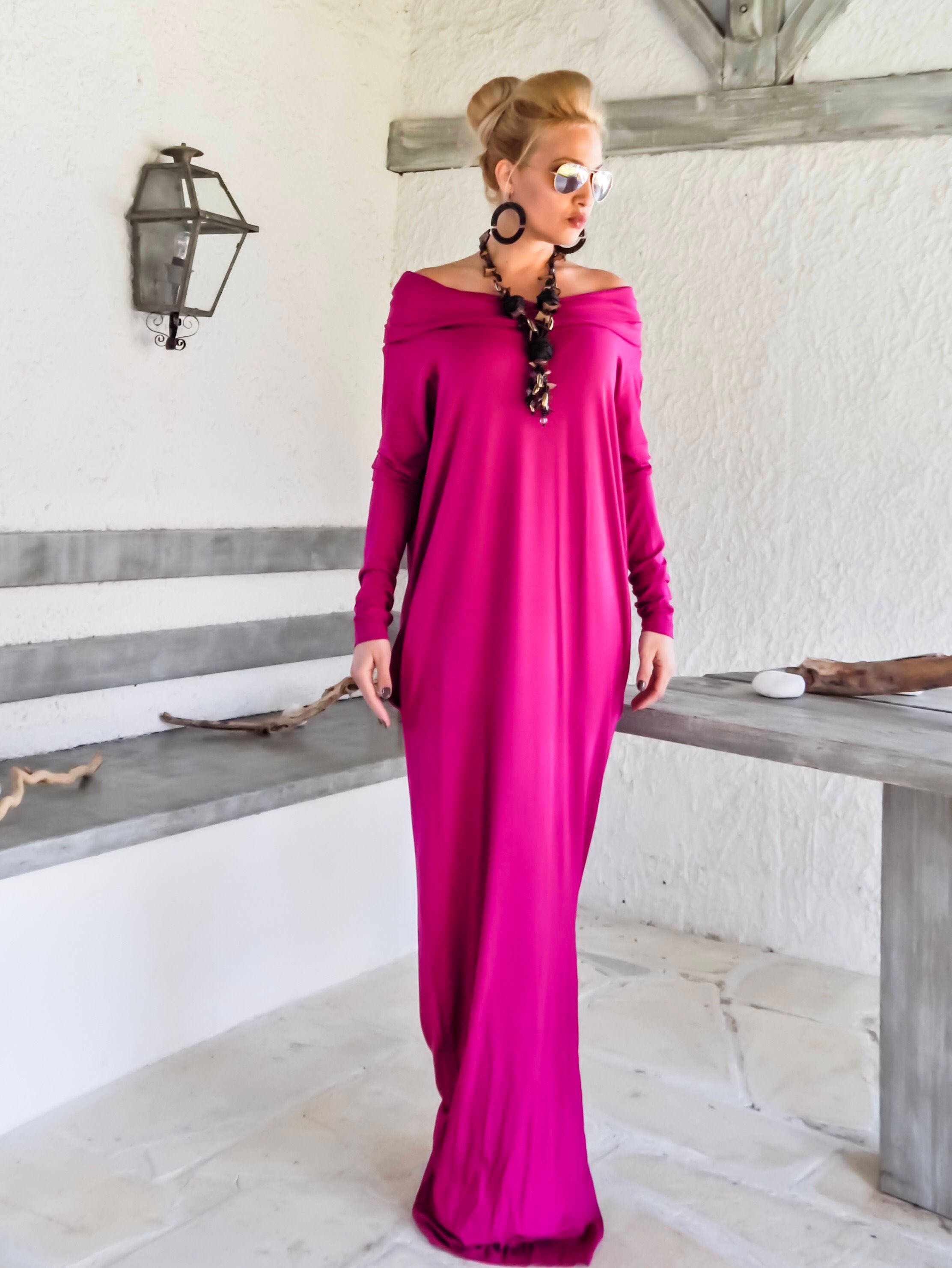 Magenta Maxi Long Sleeve Turtleneck Dress with pockets / | Etsy