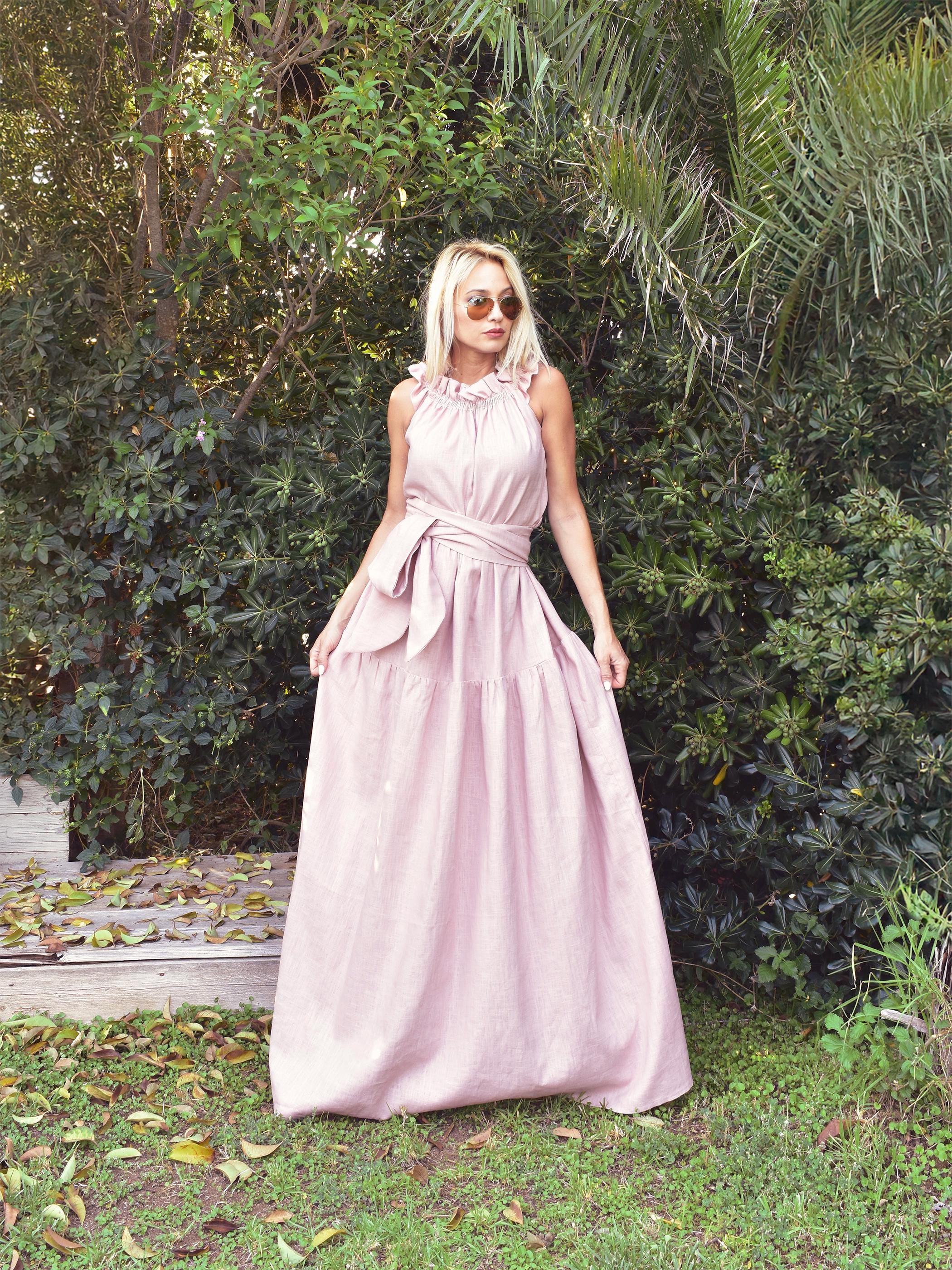 maxi dress bridesmaid Pink Linen Dress, Gown, Plus Size Clothing #35415 Flowy chic dress ruched halter mini dress Color:Light Beige French Navy
