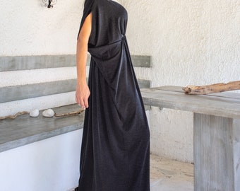Off Black Cotton Viscose Maxi Dress, Draping Plus Size Boho Gown