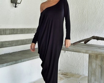 Black Asymmetrical Maxi Dress, Cotton Viscose Long Sleeve Kaftan, Plus Size #35030