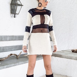 Gestrickt mit Durchsichtig und Leder Details, Patchwork Minikleid - #95028