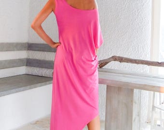Fuchsia Maxi Dress, Asymmetric Viscose Summer Dress, Plus Size
