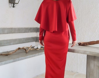 Red Cape Maxi Dress  / Neoprene Dress / Plus Size Dress / Maxi dress with pockets / Cape Maxi Dress / Ruffle Maxi Dress / Red Dress #35145