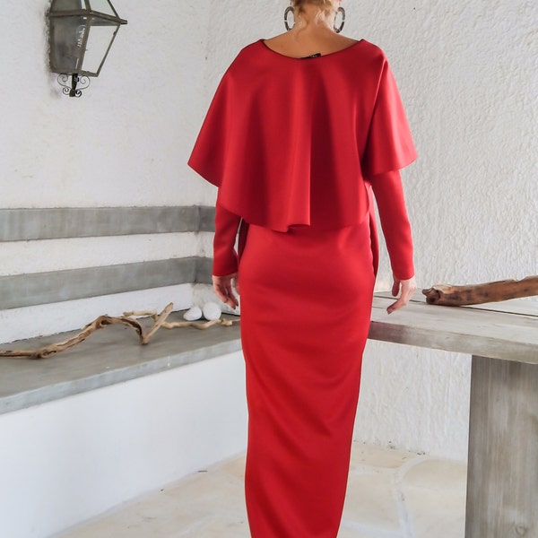 Red Scuba Neoprene Cape Maxi Dress Kaftan with Pockets / Red Scuba Kaftan / Plus Size Dress / Oversize Loose Dress / #35145