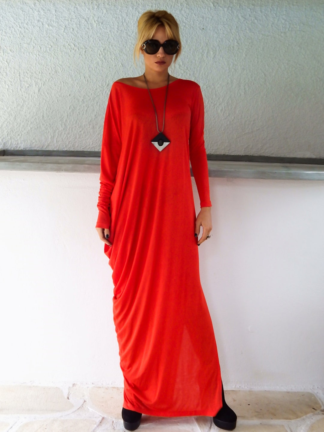 Red Caftan / Red Kaftan / Red Maxi Long Sleeve Dress / Plus Size Dress ...