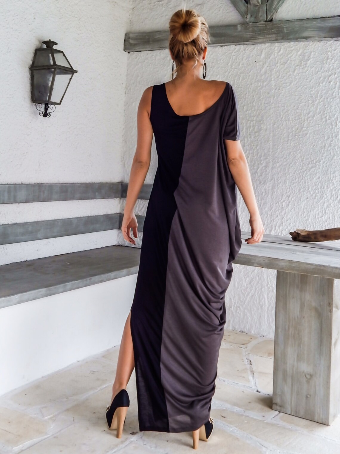 Black & Gray Maxi Dress / Black Gray Kaftan / Asymmetric Plus | Etsy