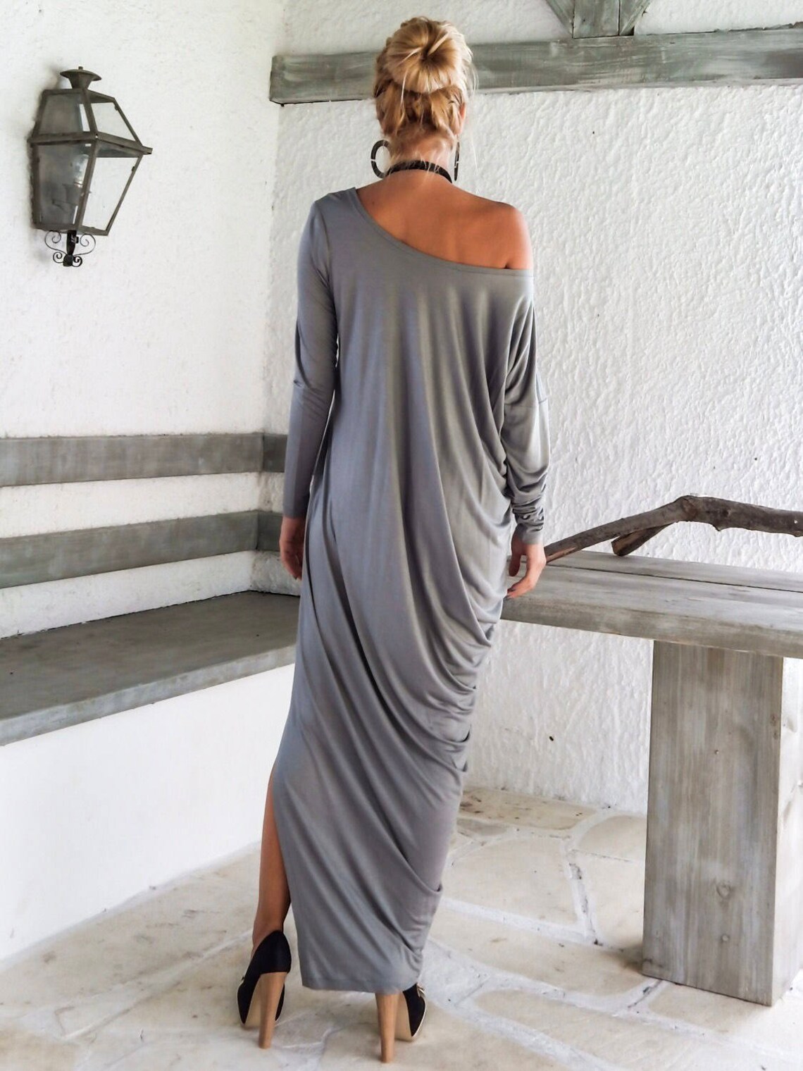 Long Sleeve Maxi Dress In Gray