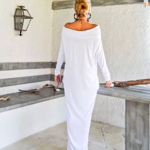 White Maxi Long Sleeve Turtleneck Dress With Pockets / White Kaftan ...