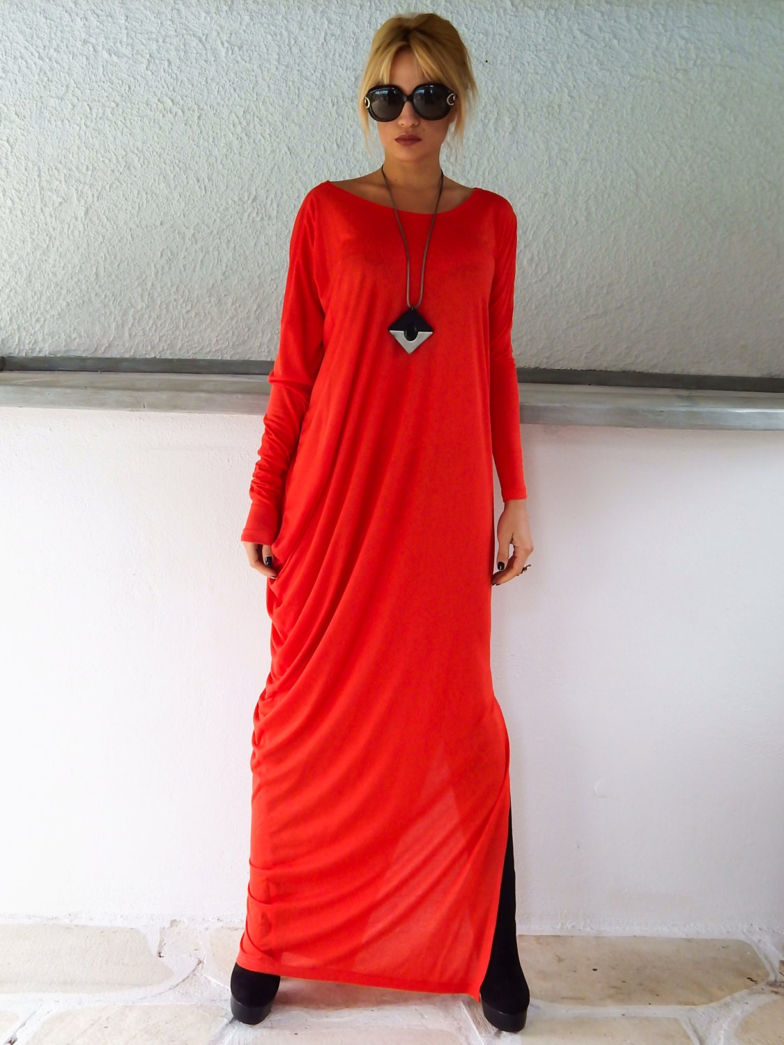 Red - Pochampally Ikat Cotton Kaftan with Tie-Up Waist (Long)