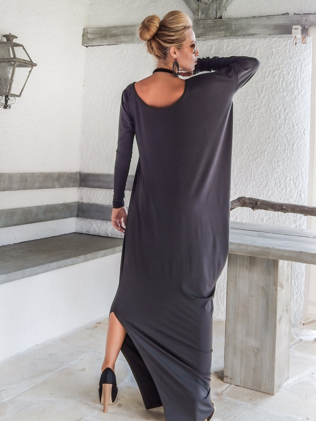 Gray Maxi Long Sleeve Dress / Gray Kaftan / Asymmetric Maxi Dress ...