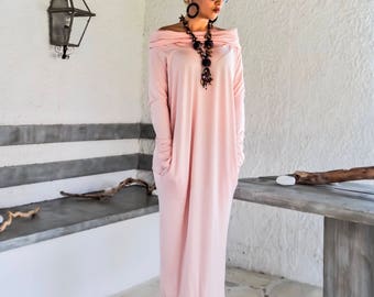 Pink Maxi Dress / Turtleneck Dress / Loose Maxi Dress / Long Dress / Women Maxi Dress / Comfortable Dress / Dress with Pockets / #35216