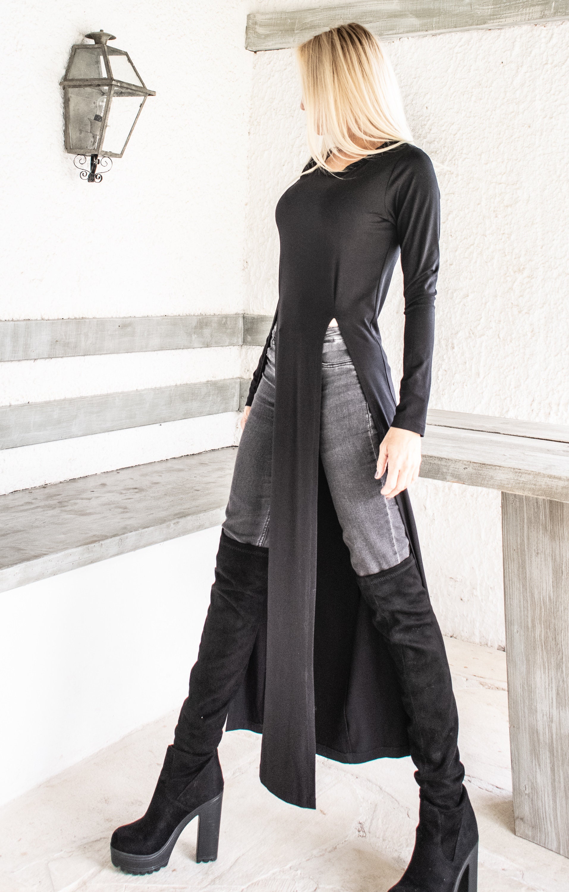 NEW Black Long Tunic With Slits / Women Tunic / Long Blouse