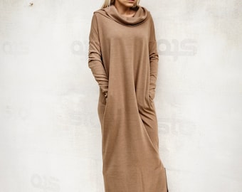 Winter Knit Dress / Maxi Winter Dress / Long Dress for women / Maxi Dress with pockets / Plus Size Clothing / Camel Dress / #35283