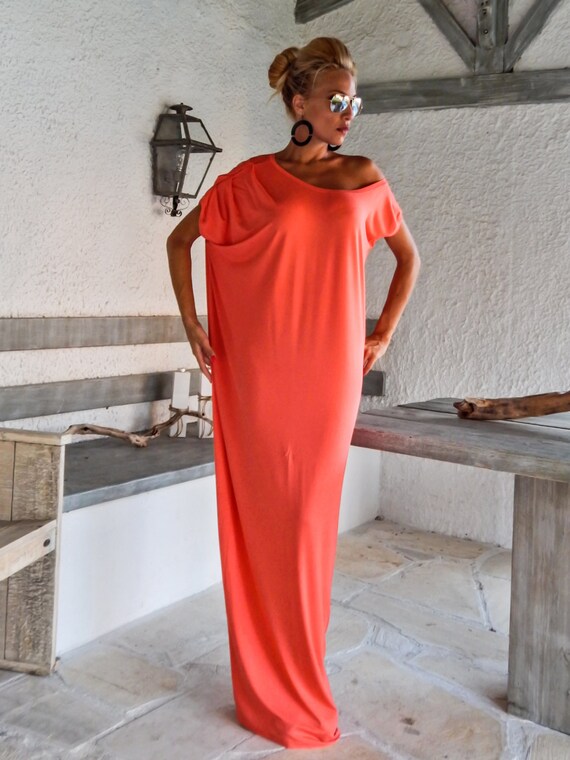 Coral Maxi Dress / Coral Kaftan / Plus 