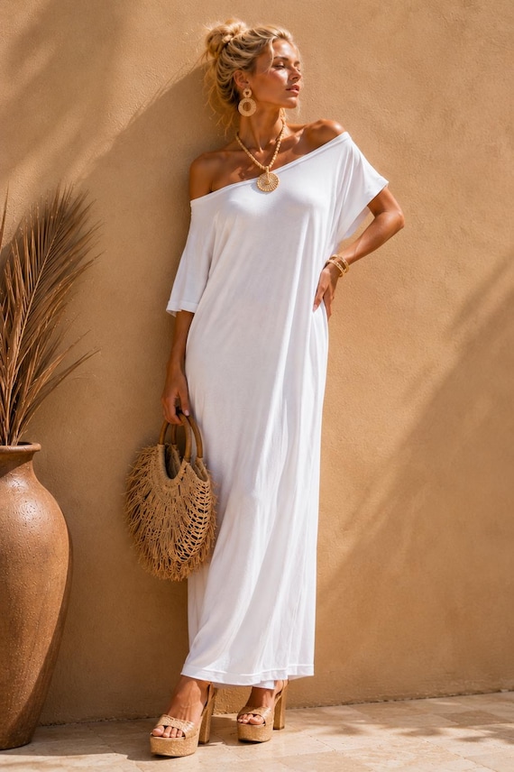 White Maxi Kaftan Dress, Minimal Summer Loose Boho Dress, Plus Size Caftan