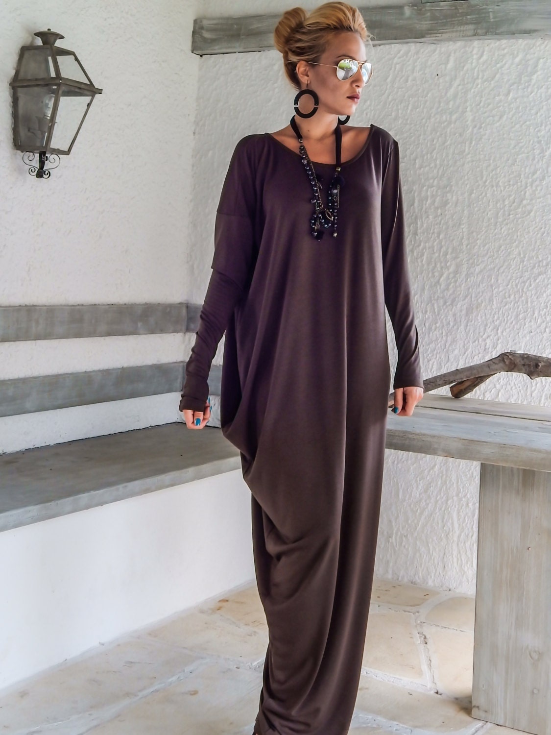 Brown Maxi Long Sleeve Dress / Brown Kaftan / Asymmetric Plus - Etsy