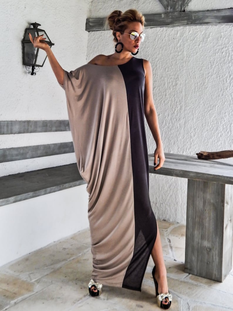 Gray & Beige Maxi Dress / Gray Beige Kaftan / Asymmetric Plus - Etsy