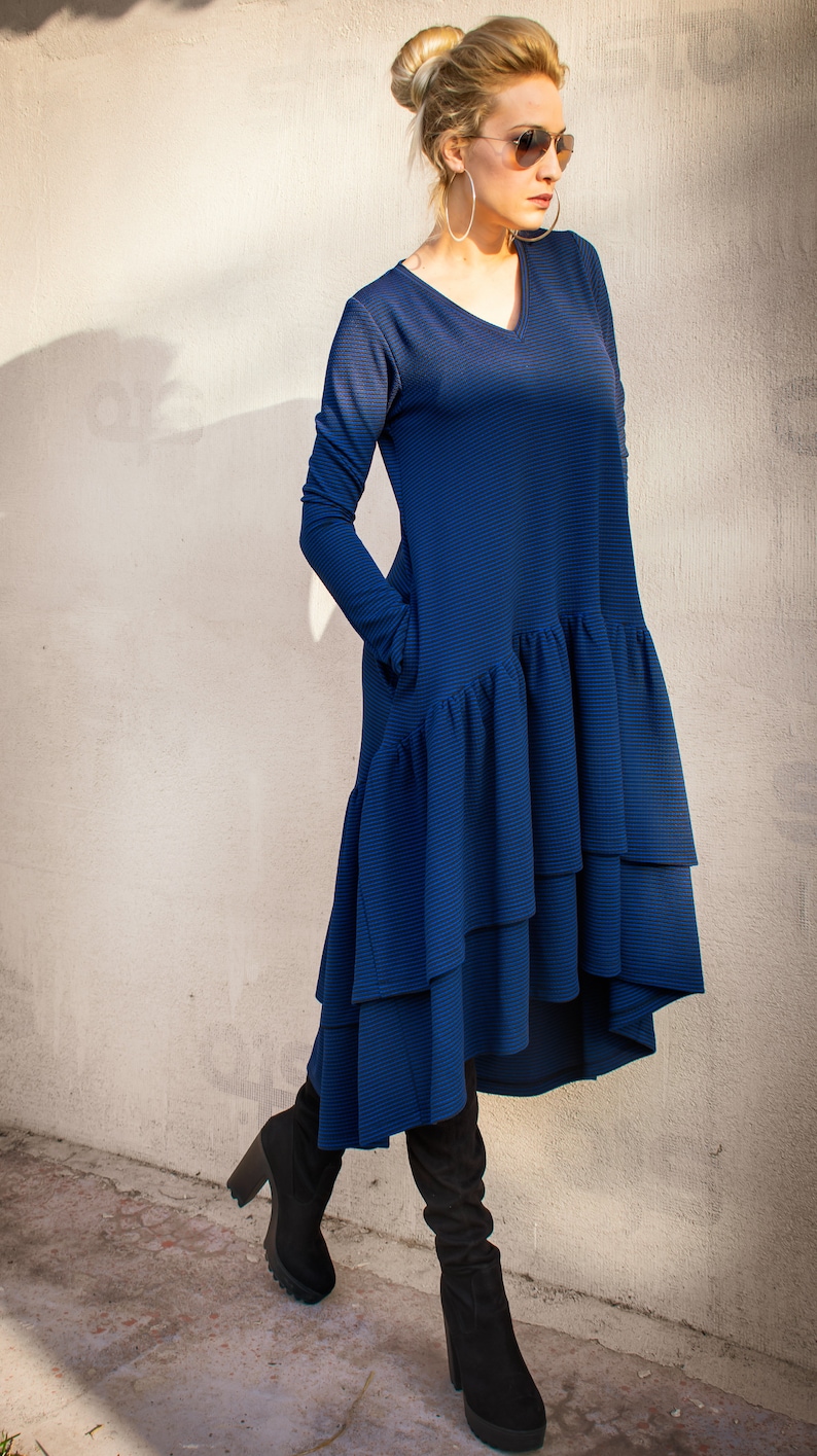 Flounce Short Wrap Dress Dark Blue Patterned
