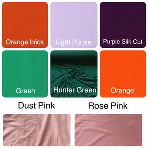 May include: A color chart displaying fabric swatches in orange brick, light purple, purple silk cut, green, hunter green, orange, dust pink, and rose pink. Each swatch is labeled with its corresponding color name in white text on the image.