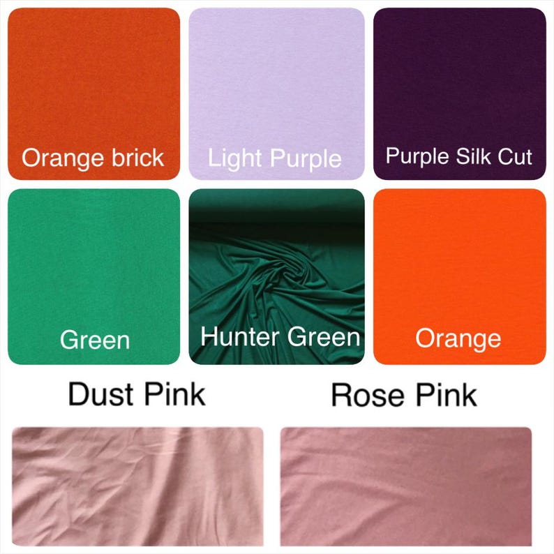 May include: A color chart displaying fabric swatches in orange brick, light purple, purple silk cut, green, hunter green, orange, dust pink, and rose pink. Each swatch is labeled with its corresponding color name in white text on the image.