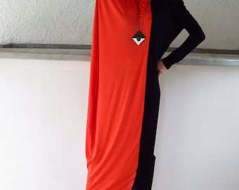 Black Red Maxi Dress / Black Red Kaftan / Long Sleeve Maxi Dress / Plus Size Dress / Asymmetrical Dress / Loose Dress / Black Dress  #35057