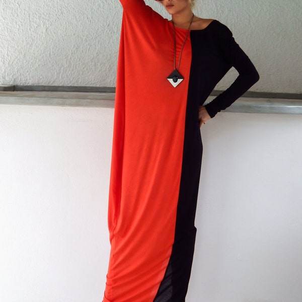 Black Red Maxi Dress / Black Red Kaftan / Long Sleeve Maxi Dress / Plus Size Dress / Asymmetrical Dress / Loose Dress / Black Dress  #35057