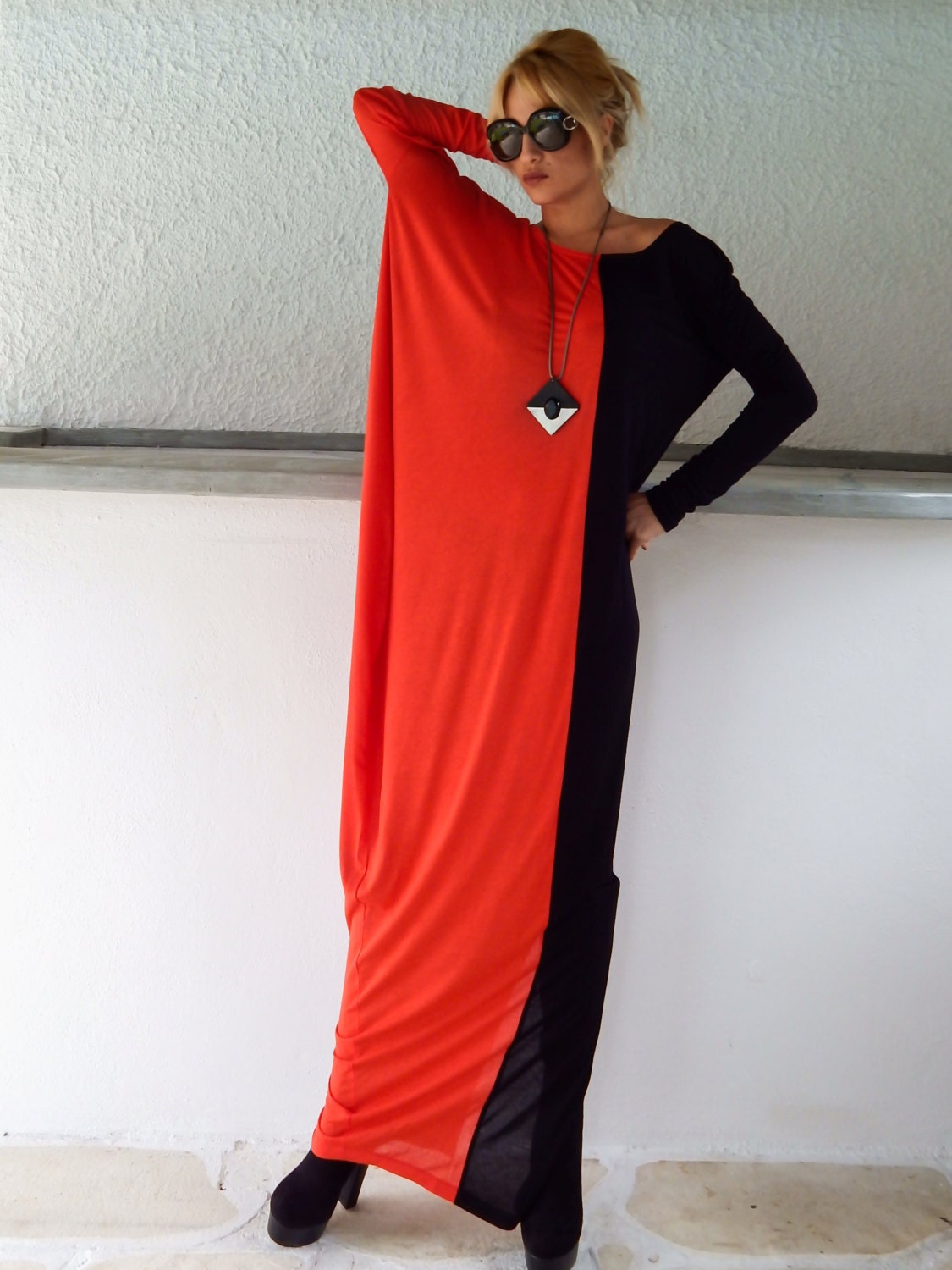 Black & Red Women Maxi Dress, Long Sleeve Bicolor Asymmetrical Kaftan #35057 Black & Red Women Maxi Dress, Long Sleeve Bicolor Asymmetrical Kaftan #35057