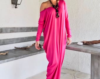 Fuchsia Asymmetrisches Maxi Kleid / Fuchsia Kaftan / Kaftan Frauen Maxi Kleid / Plus Size Kleid / Langarm Kleid / Kleid mit Schlitz #35212