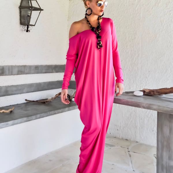 Fuchsia Asymmetric Maxi Dress / Fuchsia Kaftan / Caftan / Women Maxi Dress /  Plus Size Dress / Long Sleeve Dress / Dress with Slit #35212