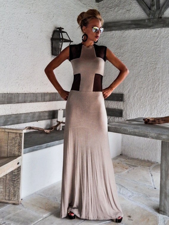 (千♡)ANDMARYAnnribbonpleats dressBeige Beige Maxi Dress With Black See-through Detail / Maxi Dress