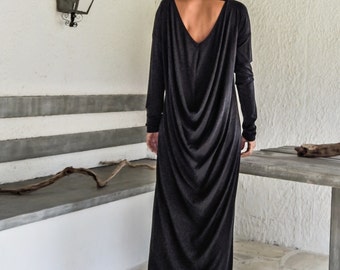 Vestido largo de angora, caftán abaya negro, vestido asimétrico extragrande