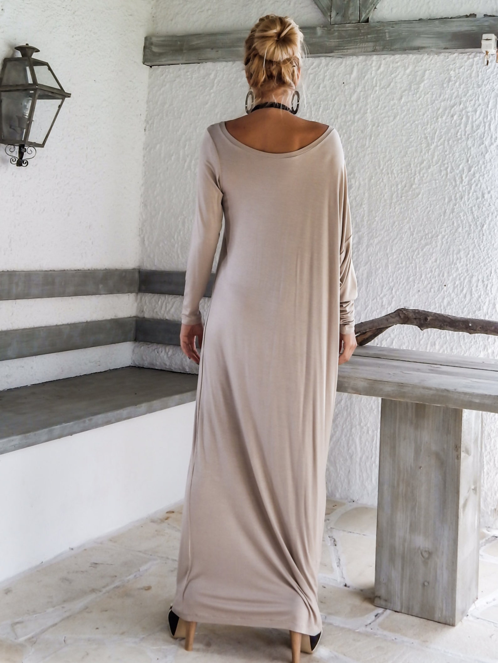 Beige Maxi Long Sleeve Dress / Beige Kaftan / Asymmetric Plus - Etsy UK