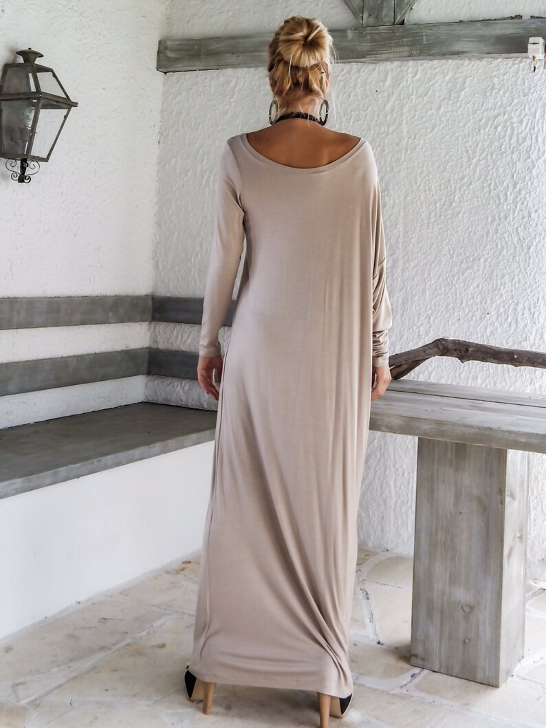 Beige Maxi Long Sleeve Dress Beige Kaftan Asymmetric Plus Etsy Uk