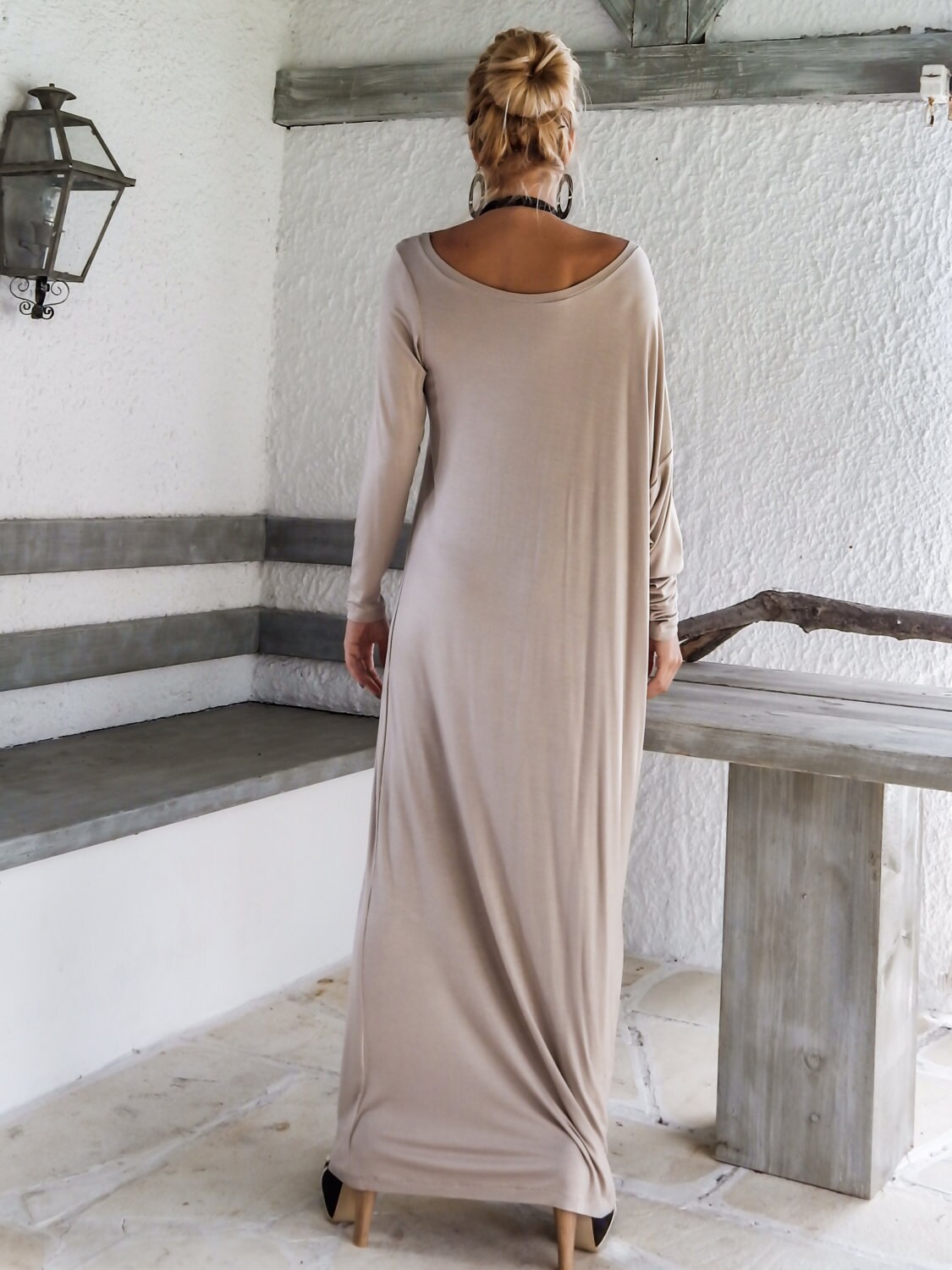 Beige Maxi Long Sleeve Dress / Maxi Dress / Plus Size Women