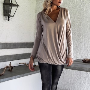 Beige Asymmetric Draping Blouse / Asymmetric Draping Loose Blouse / #35117