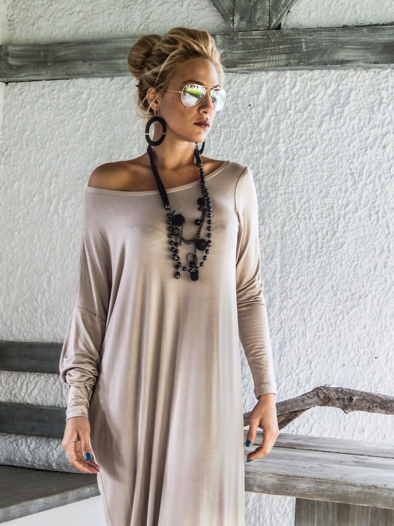 Beige Maxi Long Sleeve Dress / Beige Kaftan / Asymmetric Plus - Etsy UK