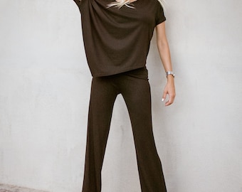 NEW Women Outfit / Black Outfit / Women Set / Black Pants / Black Top / Plus Size Outfit / Asymmetric Top  / Loose Top  / Wide Pants #35339