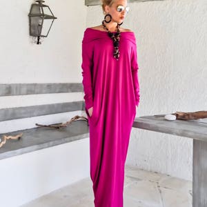 Magenta Maxi Long Sleeve Turtleneck Dress With Pockets / Magenta Kaftan ...