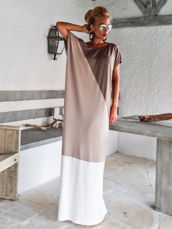 Colorblock Kaftan Maxi Dress - Taupe, Beige & Ivory, Plus Size